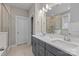 Modern bathroom with double sink vanity, and glass enclosed shower at 1548 Striped Bass Ln, Clover, SC 29710