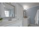 Stylish bathroom with double sinks, white cabinetry, and modern fixtures at 2646 N Olivers Cross Rd, Newton, NC 28658