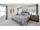 Comfortable bedroom featuring large windows and stylish contemporary patterned bedding and grey furniture at 4225 Summit Woods Dr, Charlotte, NC 28216