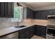 Updated kitchen featuring stylish navy cabinets, white countertops, stainless steel appliances and tile backsplash at 432 Partridge Pl, York, SC 29745