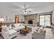 This living room offers a stone fireplace, wood paneling, and modern furnishings, blending comfort and style at 6447 E Nc 27 Hwy, Iron Station, NC 28080