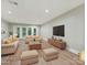 Staged living room showcasing modern furniture, a fireplace, and sliding glass doors to the backyard at 7004 Quail Hill Rd, Charlotte, NC 28210