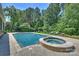 Large in-ground pool and spa surrounded by a concrete patio and lush landscaping in a backyard oasis at 16430 New Providence Ln, Charlotte, NC 28277