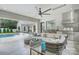 Covered outdoor living space featuring comfortable seating, a grill, and views of the pool and backyard at 1919 Shoreham Dr, Charlotte, NC 28211