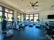 Well-lit community gym featuring treadmills, ellipticals, weight machines, and a ceiling fan at 2034 Suttonview Rd, Fort Mill, SC 29708