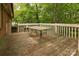 Outdoor deck with a worn wooden surface, metal table, and a view of the surrounding trees at 3012 Morgan Mill Rd, Monroe, NC 28110