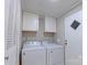 This laundry room includes a Whirlpool washer and dryer and white cabinets at 8140 Karriker Rd, Kannapolis, NC 28081