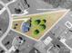 An aerial view shows the approximate lot lines of this home, situated on a green lawn with mature trees at 118 Sir Gregory Dr, Shelby, NC 28152