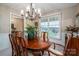 This dining room features a chandelier, hardwood table, and a view of the outdoors through the large window at 118 Sir Gregory Dr, Shelby, NC 28152