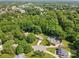 Beautiful aerial view of the neighborhood with mature trees and community pool at 16565 Kimbolten Dr, Huntersville, NC 28078