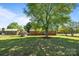Expansive backyard featuring a large tree, playhouse, and lush greenery, perfect for outdoor activities at 250 Log Barn Rd, Salisbury, NC 28146