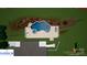 An aerial view of a custom pool, hot tub, deck, and surrounding landscaping behind the home at 7471 Barfield Ln, Denver, NC 28037