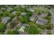 This aerial view highlights the cozy home with a white picket fence surrounded by mature trees and green spaces at 8325 Knights Bridge Rd, Charlotte, NC 28210