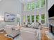 Bright living room features floor to ceiling windows, fireplace, and hardwood flooring provides comfort and style at 1030 Westbury Dr, Matthews, NC 28104