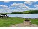 Scenic backyard featuring a picnic table, fire pit, and picturesque lake views for outdoor enjoyment at 1404 River Dr, Belmont, NC 28012