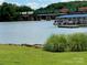 Picturesque lake view showcasing a train bridge and boat docks, blending natural beauty with convenient amenities at 1404 River Dr, Belmont, NC 28012