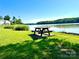 Charming picnic area on a lush lawn, offering stunning lake views and a relaxing outdoor space at 1404 River Dr, Belmont, NC 28012
