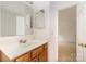 Bathroom with a single sink vanity, large mirror, and door that opens to a bedroom at 14311 Riding Hill Ave, Charlotte, NC 28213