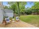 Relaxing backyard setting with outdoor seating, lush green lawn, garden, and surrounding trees at 3320 Eastwood Dr, Charlotte, NC 28205
