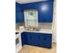 A cozy kitchen featuring stylish blue cabinets, patterned backsplash, and marble-look countertops at 4100 Howie Cir, Charlotte, NC 28205