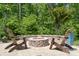 Backyard patio featuring Adirondack chairs surrounding a fire pit with lush greenery and landscaping at 4902 Looking Glass Trl, Denver, NC 28037