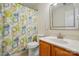 Bathroom with sink, toilet, mirror, and brightly colored shower curtain at 519 Jacobs Rdg, Fort Mill, SC 29715
