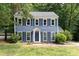 Charming two-story home with blue siding, white trim, and a well-manicured front yard surrounded by lush trees at 7212 Canyon Dr, Charlotte, NC 28262