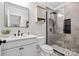 Modern bathroom featuring a glass enclosed shower, stylish vanity, and neutral tones at 18730 Floyd Ct, Davidson, NC 28036