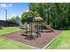 Community playground on a mulched surface with slides and climbing features surrounded by lush trees and grass at 18730 Floyd Ct, Davidson, NC 28036