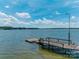 Scenic view of a weathered wooden dock extending into a calm lake under a bright, partly cloudy sky at 5200 Masons Ferry Rd, Clover, SC 29710