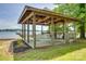 Lake view gazebo features a wooden ceiling, swing, and landscaping at 5200 Masons Ferry Rd, Clover, SC 29710