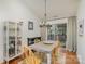 Light-filled dining room features modern lighting, wood floors, and sliding glass doors to the backyard at 5804 Crosswinds Ct, Indian Trail, NC 28079