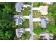 Aerial view of houses on a tree-lined street with well-manicured lawns at 6425 High Creek Ct, Charlotte, NC 28277