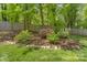 Backyard featuring landscaping, mulch, and wooden fence at 9707 Enid Ln, Matthews, NC 28105