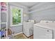 Bright laundry room with a front load washer and dryer, storage shelves, and a window at 9707 Enid Ln, Matthews, NC 28105