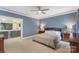 Comfortable primary bedroom featuring blue walls and view to bathroom at 1004 Berwick Ct, Waxhaw, NC 28173
