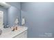 Powder room with a vanity and a modern faucet and decor at 1004 Berwick Ct, Waxhaw, NC 28173
