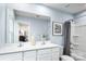 Well-lit bathroom featuring a white vanity with dual sinks, a large mirror, and a shower-tub combination at 5224 Mccallum Meadows Dr, Charlotte, NC 28216