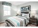 Relaxing bedroom featuring a striped bedspread, carpet flooring, and two bedside tables with lamps at 5224 Mccallum Meadows Dr, Charlotte, NC 28216