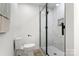 Modern bathroom with a glass enclosed shower featuring marble tiling and hexagonal tile flooring at 7221 Leaves Ln, Charlotte, NC 28213