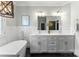Bright bathroom with soaking tub, shower, dual vanity, and modern fixtures at 7811 Compton Ct, Charlotte, NC 28270