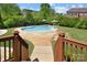Backyard pool surrounded by green grass, patio, and privacy landscaping at 11917 Chevis Ct, Charlotte, NC 28277