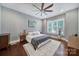 Light filled bedroom with large windows, hardwood floors and a ceiling fan at 1517 Parkwood Ave, Charlotte, NC 28205