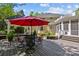 Backyard patio featuring a dining set, red umbrella, and views of the home at 6914 Riesman Ln # 95, Charlotte, NC 28210