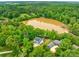 Overhead shot of a charming house with a dark roof, set near a tranquil pond and surrounded by green trees at 8136 Energy Ln, Catawba, NC 28609