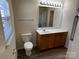 Bathroom featuring a single sink vanity, large mirror, and ample counter space at 12120 Stratfield Place Cir, Pineville, NC 28134