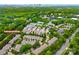 An aerial view shows a neighborhood with lush trees and townhomes, with a distant city skyline at 208 Wendover Heights Cir, Charlotte, NC 28211