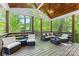 Spacious covered deck with wood floors, comfortable seating, and a peaceful wooded view at 3329 Winnipeg Cir, Charlotte, NC 28210