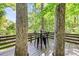 Outdoor dining area with a black table and chairs, framed by mature trees and lush scenery at 3329 Winnipeg Cir, Charlotte, NC 28210