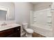 Bathroom featuring modern fixtures, a vanity with stone countertop, and a shower-tub combination at 5053 Arbordale Way, Mount Holly, NC 28120